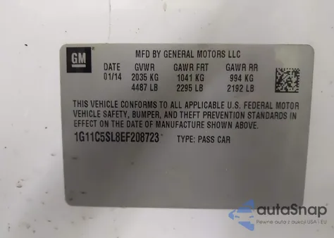 2014 Chevrolet Malibu 1Lt z USA, uszkodzony, nr VIN 1G11C5SL8EF208723